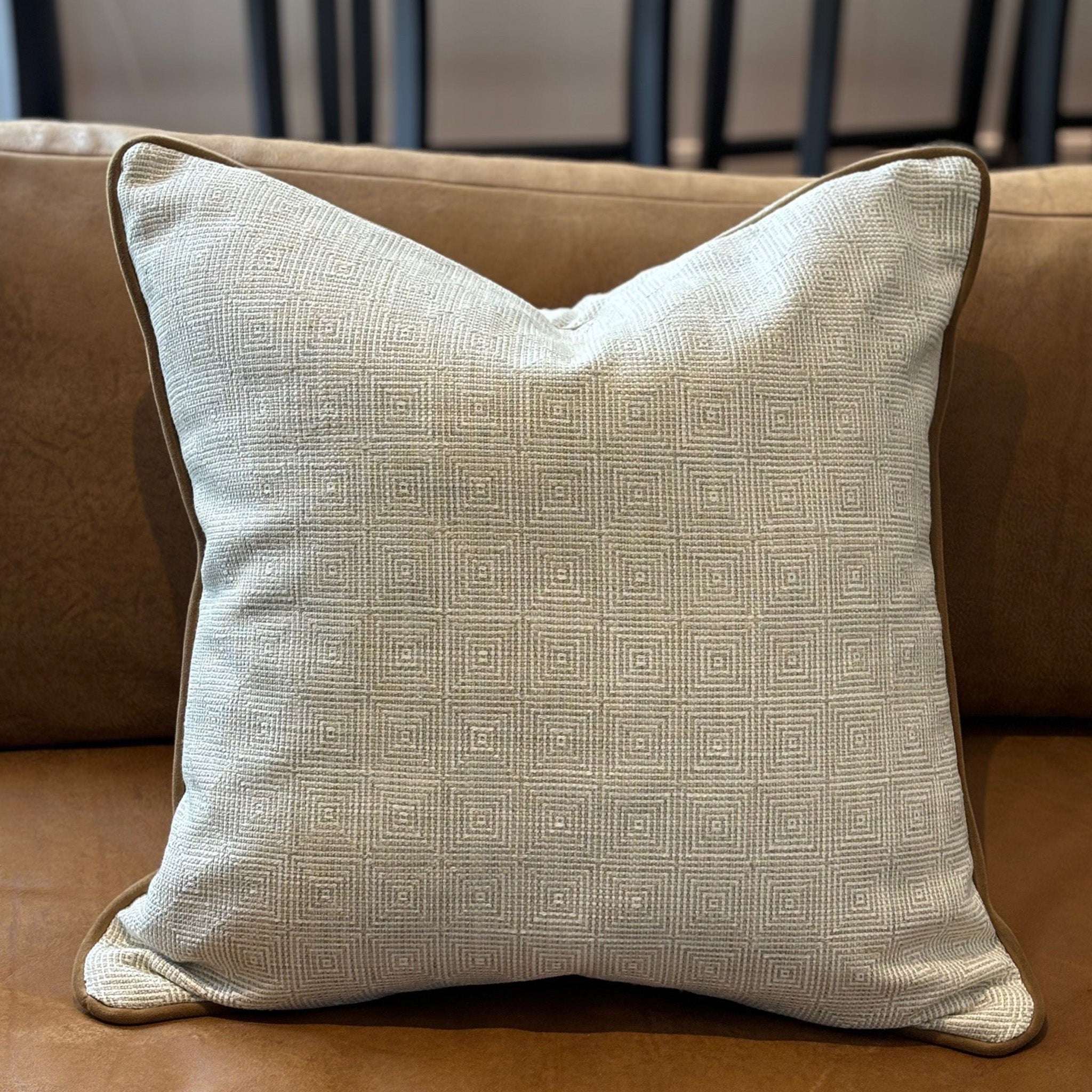 Ecru Geometric Patterned Cushion with Tan Piping